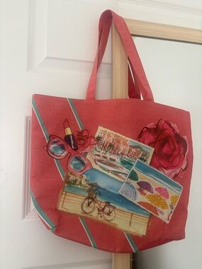 Lancome Coral Pink Scenic Print Canvas Tote